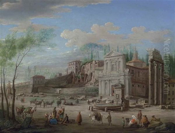 The Forum Romanum With The Church Of Santa Maria Liberatrice, The Columns Of The Temple Of Castor And Pollux, And Figures With Horses And Cattle Oil Painting by Hendrick Frans van Lint