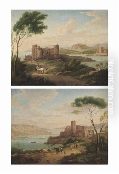 An Italianate River Landscape With Figures On A Path And Entering A Castle, A Fortified Village Beyond; And An Italianate River Landscape With Travellers And Other Figures On A Path, A Ruined Castle Beyond Oil Painting by Hendrick Frans van Lint