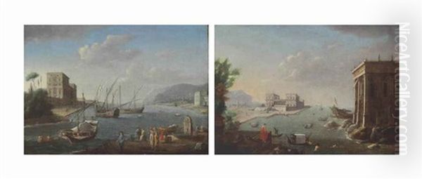 A Mediterranean Harbor View With Ships Setting Out; And A Mediterranean Harbor View With Swimmers And Gondoliers (pair) Oil Painting by Hendrick Frans van Lint