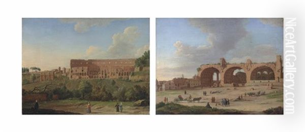 The Colosseum, Rome, With The Arch Of Constantine And Figures In The Foreground (+ The Ruins Of The Basilica Of Maxentius, Rome, With Elegant Figures In The Foreground; Pair) Oil Painting by Hendrick Frans van Lint