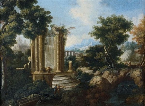 Paysages De Ruines Antiques Animes De Personnages (pair) Oil Painting by Hendrick Frans van Lint