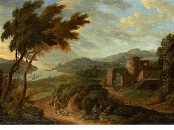 Travellers On A Country Path, A River Landscape Beyond by Hendrick Frans van Lint