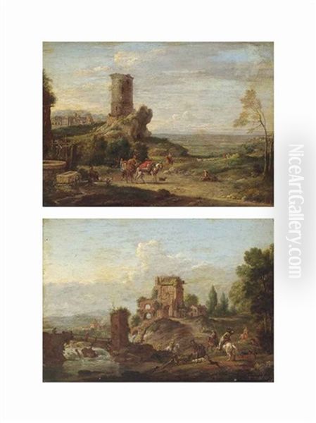 An Italianate Landscape With Travellers On A Track Beside A Ruined Tower... (+ An Italianate River Landscape With A Stag Hunt, Ruins Beyond; Pair) Oil Painting by Hendrick Frans van Lint