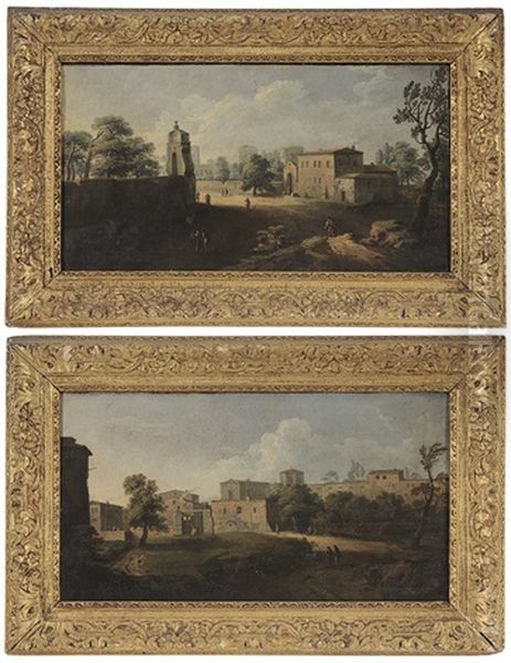 Figures On A Track Outside A Town Gate; Figures On A Track With Gated House (pair) Oil Painting by Hendrick Frans van Lint