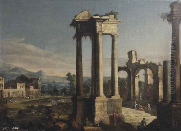 A Capriccio View Of A Forum With Horsemen, Travellers And Other Figures Amongst Classical Ruins Oil Painting by Hendrick Frans van Lint