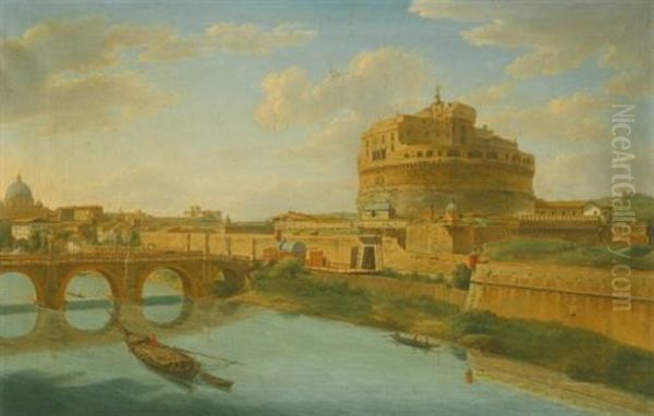 Rome, A View Of The Tiber With The Castel Sant Angelo And Ponte Sant'angelo, Saint Peter's Basilica Beyond Oil Painting by Hendrick Frans van Lint