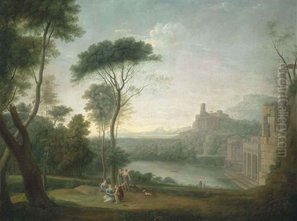 An Extensive Italianate Wooded Landscape, With Classical Buildings By A River, The Nymph Egeria Mourning Over Numa In The Foreground by Hendrick Frans van Lint