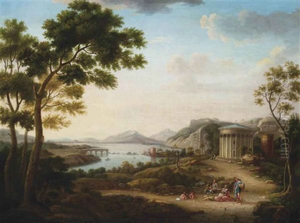 A Classical Landscape With Figures At Rest On A Track, Near A Temple, Mountains Beyond Oil Painting by Hendrick Frans van Lint