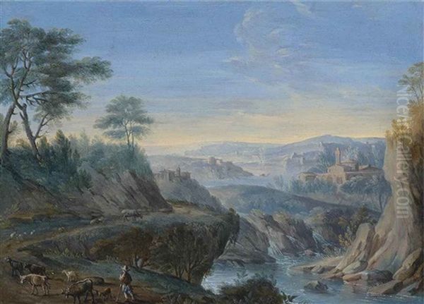 A Mountainous Wooded River Landscape With A Drover On A Track, Waterfalls And A City Beyond Oil Painting by Hendrick Frans van Lint