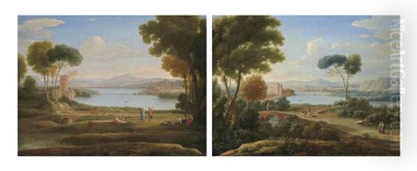 The Watermill Or The Marriage Of Isaac And Rebecca, And A Classical River Landscape With Figures On A Path And A Palace In The Distance (pair) Oil Painting by Hendrick Frans van Lint