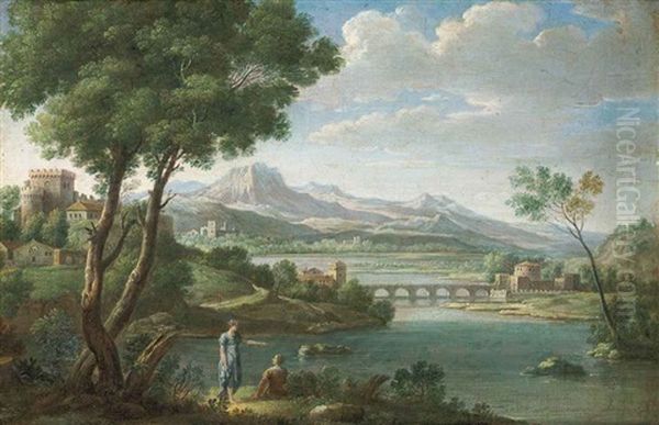 An Italianate Landscape With Figures Resting, A Fortress, Bridge And Mountains Beyond Oil Painting by Hendrick Frans van Lint