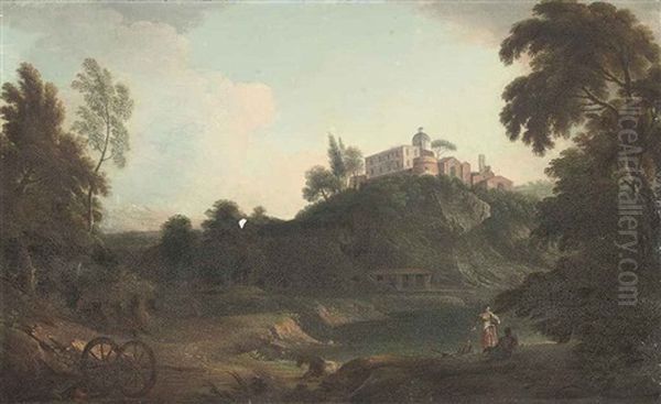 An Italianate Wooded River Landscape With Figures Conversing On A Bank, A Town On A Hill Beyond Oil Painting by Hendrick Frans van Lint