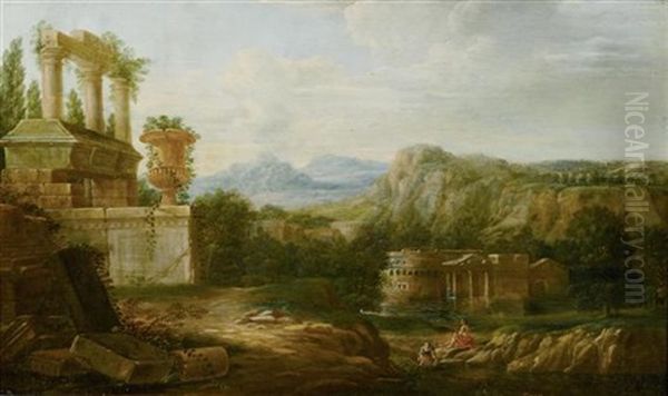 Sudliche Landschaft Mit Tempelruinen, Figurenstaffage Und Tieren (+ Another, Similar, Oil On Wood; Pair) Oil Painting by Hendrick Frans van Lint