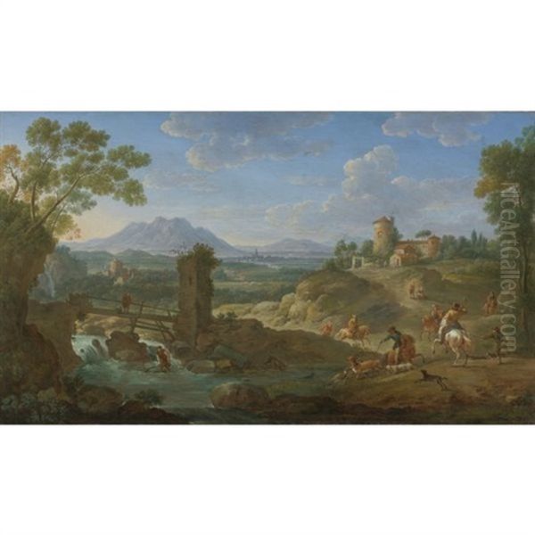 Elegant Hunting Party In An Extensive Landscape With Mountains Beyond Oil Painting by Hendrick Frans van Lint