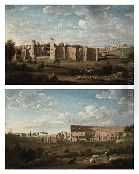 The Baths Of Caracalla, With The Lateran Beyond, Rome (+ The Colosseum, With The Arch Of Constantine, Rome; Pair) Oil Painting by Hendrick Frans van Lint