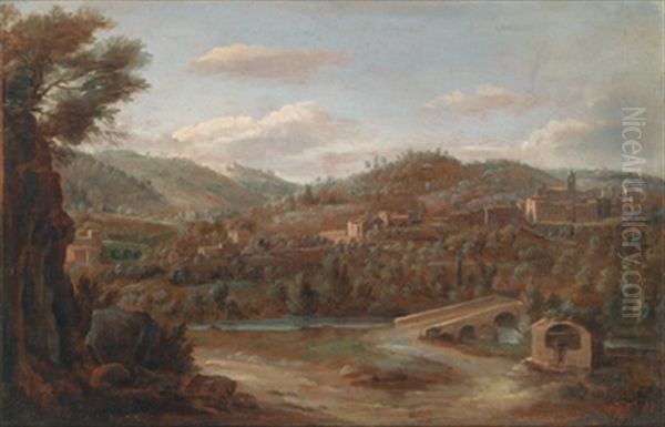 Flusslandschaft Mit Einer Brucke (+ Ein Hochgelegenes Dorf In Latium; 2 Works) Oil Painting by Hendrick Frans van Lint