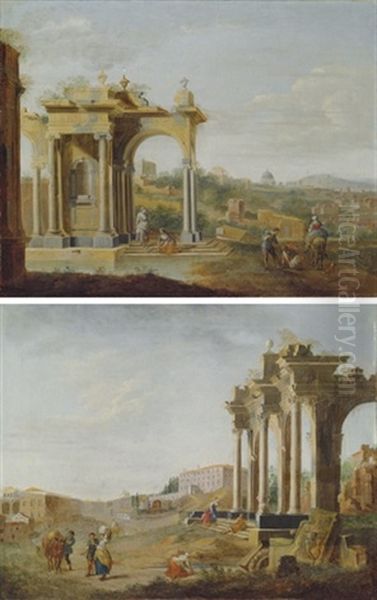 An Extensive Landscape With Women In The Ruins (+ A Landscape With Travellers And Other Figures; Pair) Oil Painting by Hendrick Frans van Lint