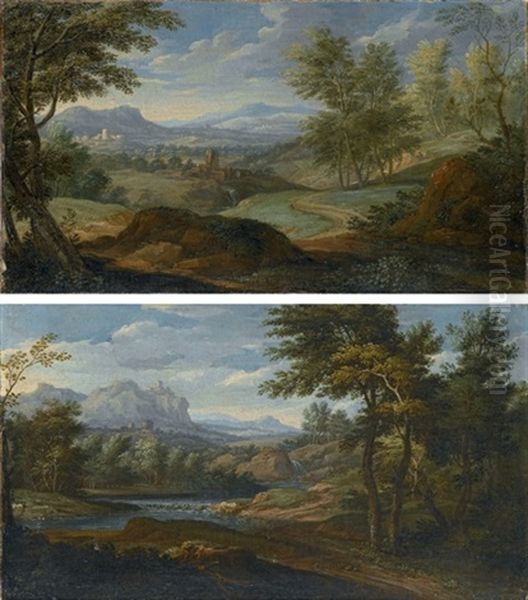 Paesaggio Boscoso (+ Paesaggio Fluviale; 2 Works) Oil Painting by Hendrick Frans van Lint