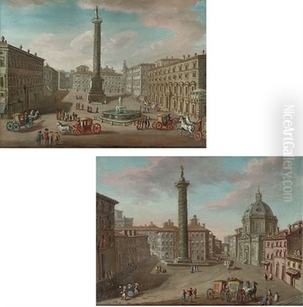 A View Of The Piazza Colonna, Rome (+ A View Of The Piazza Colonna, Rome; Pair) Oil Painting by Hendrick Frans van Lint