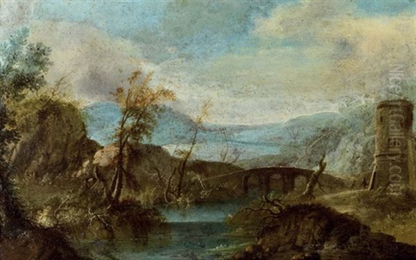 Flusslandschaft Mit Rundturm Und Brucke Oil Painting by Hendrick Frans van Lint