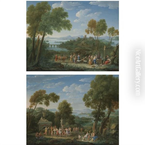 A Classical Landscape With A Sacrifice Before A Term Of Pan (+ A Classical Landscape With A Bacchic Revel Before A Term, With Silenus On A Donkey Beyond; Pair) Oil Painting by Hendrick Frans van Lint