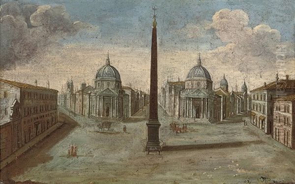 The Piazza Del Popolo, Rome, Looking Towards The Churches Of Santa Maria Di Monte Santo And Santa Maria Dei Miracoli Oil Painting by Hendrick Frans van Lint