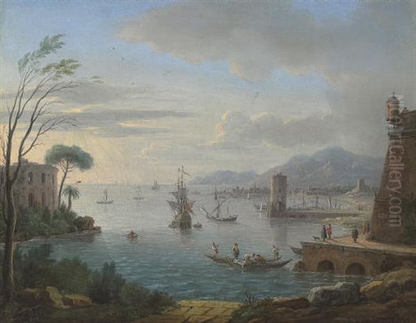 A Capriccio Of An Italian Port With Figures Mooring By A Fort In The Foreground Oil Painting by Hendrick Frans van Lint