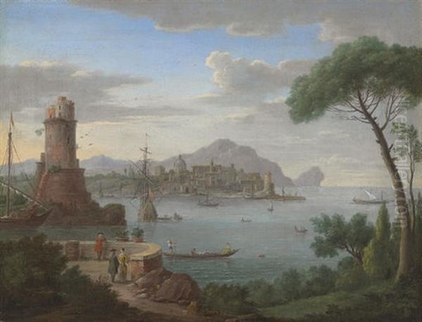 A Capriccio Of A Coastal Town With Figures At A Viewing Point In The Foreground Oil Painting by Hendrick Frans van Lint