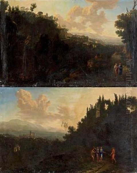 Vue Fantaisiste De Tivoli (+ Vue Fantaisiste De La Villa Medicis; Pair) Oil Painting by Hendrick Frans van Lint