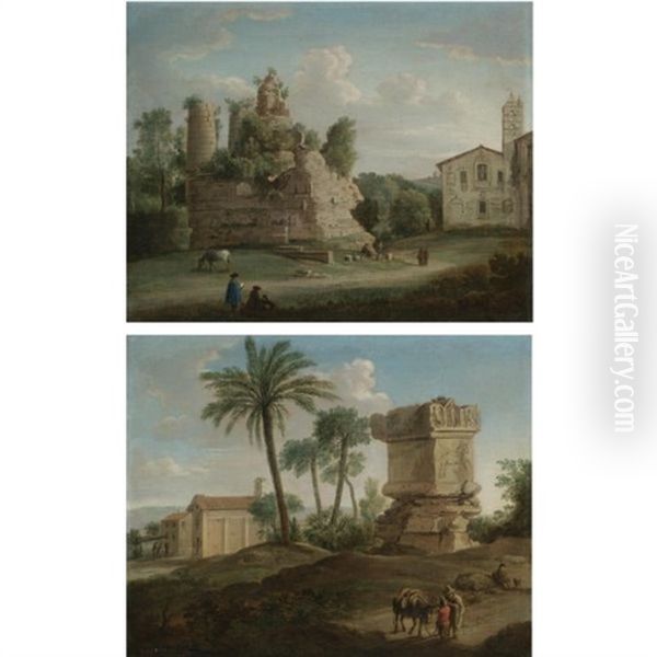 A View Of An Ancient Tomb - The So-called Tomb Of The Horatii And Curiatii Brothers - At Albano (+ A View Of The Tomb Of Vibius Marianus - The So-called Tomb Of Nero - On The Via Cassia, Rome; Pair) Oil Painting by Hendrick Frans van Lint