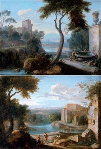 Paysage Montagneux Avec Fontaine (+ Paysage De Riviere Avec Ruines Romaines; Pair) Oil Painting by Hendrick Frans van Lint