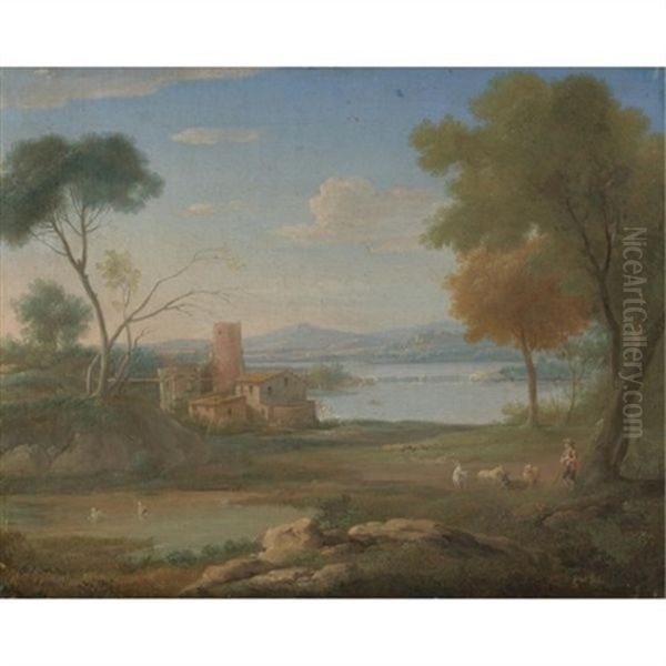 An Italianate River Landscape With A Herdsman Oil Painting by Hendrick Frans van Lint