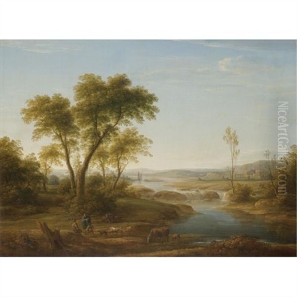 A Classical River Landscape With Herdsmen Conversing In The Foreground Oil Painting by Hendrick Frans van Lint