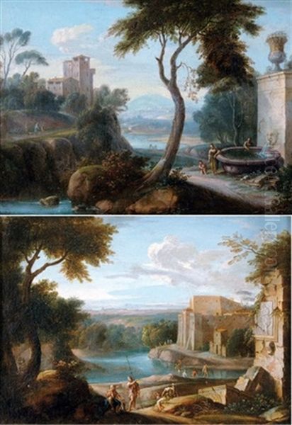 Paysage De Riviere Avec Ruines Romaines (+ Paysage Montagneux Avec Fontaine; Pair) Oil Painting by Hendrick Frans van Lint