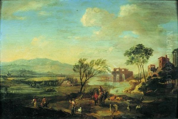 Paysage Montagneux Avec Des Ruines, Anime De Personnages Oil Painting by Hendrick Frans van Lint