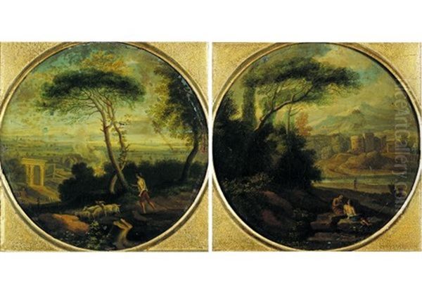 Paysage De La Campagne Romaine Anime De Pecheurs (+ Another; Pair) Oil Painting by Hendrick Frans van Lint