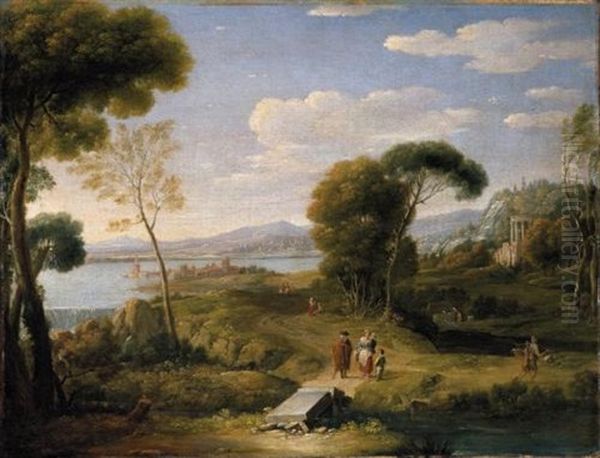 An Extensive Classical Landscape With Figures On A Road Before A Fortified Lakeside Town, A Temple Beyond Oil Painting by Hendrick Frans van Lint