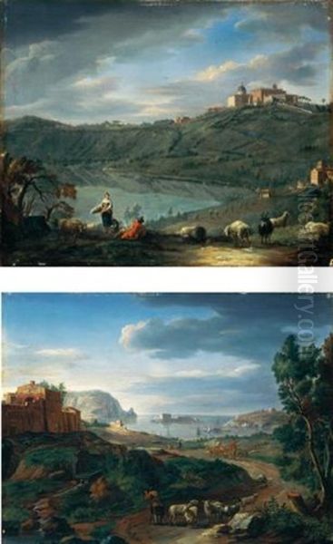 Veduta Di Castelgandolfo E Il Lago Di Nemi (+ Veduta Costiera Presso Roma; Pair) Oil Painting by Hendrick Frans van Lint