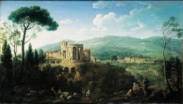 Veduta Fantasiosa Di Tivoli Con Il Tempio Della Sibilla, Con Pastori E Animali Oil Painting by Hendrick Frans van Lint