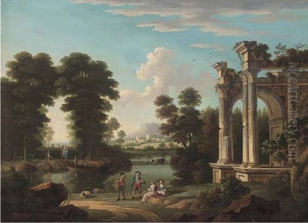 A Classical Wooded River Landscape With Elegant Company Discorsing By Ruins Oil Painting by Hendrick Frans van Lint