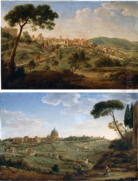 A View Of A Hilltop Town In The Roman Campagna (+ A View Of Saint Peter's Basilica And The Vatican; Pair) Oil Painting by Hendrick Frans van Lint