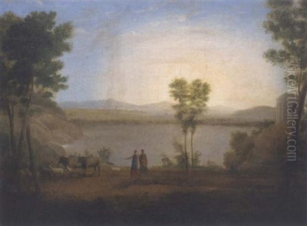 A Classical Landscape With A Shepherd And Shepherdess By A Lake Oil Painting by Hendrick Frans van Lint