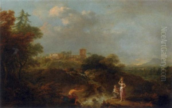 An Extensive Landscape, With Maidens Gathering Water At A Waterfall, An Italianate Town Beyond Oil Painting by Hendrick Frans van Lint