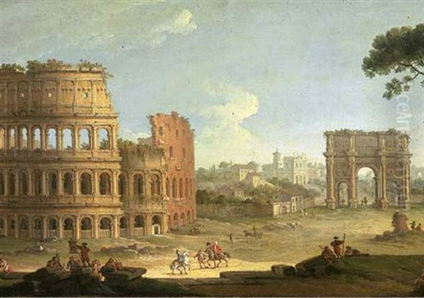 Rome: The Colosseum With The Arch Of Constantine, From The Orto Of The Frati Di Santa Fancesca Romana Oil Painting by Hendrick Frans van Lint