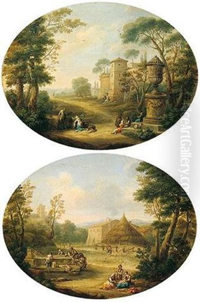 Southern Landscape With Figures At A Fountain Near A Farm Oil Painting by Hendrick Frans van Lint