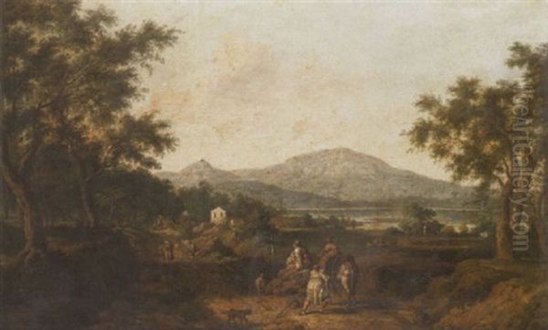 An Extensive Landscape With Peasants And A Donkey On A Track, A View To A Lake And Mountains Beyond Oil Painting by Hendrick Frans van Lint