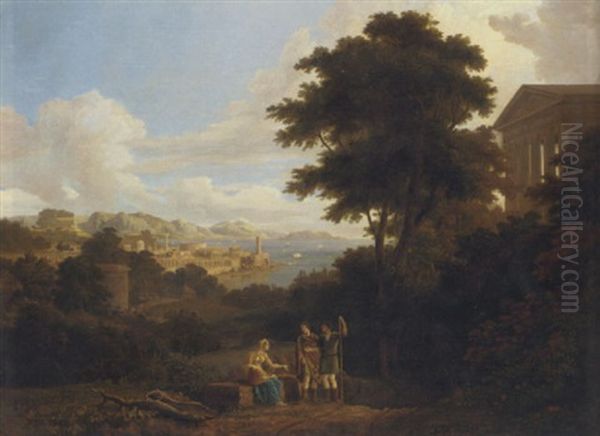 A Classical Landscape With Figures Conversing On A Hilltop Near A Temple, A Coastal Town Beyond Oil Painting by Hendrick Frans van Lint