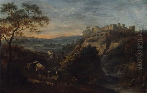 An Italianate Landscape With A Drover On A Riverside Path, A Hilltop Town Beyond Oil Painting by Hendrick Frans van Lint