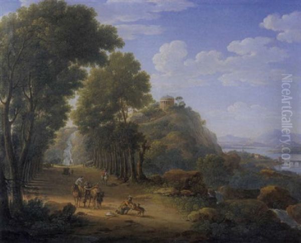 An Italianate Landscape With Figures On A Tree-lined Road Oil Painting by Hendrick Frans van Lint