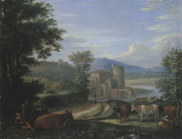 A River Landscape With Drovers And A Milkmaid With Their Cattle, A Castle In The Middle Distance Oil Painting by Hendrick Frans van Lint